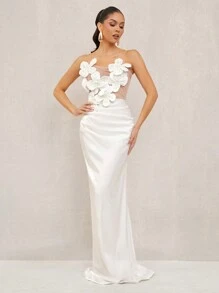 Lumalex White Summer Elegant Dining Strapless Mermaid Dress For Women,Flower Decor Richly Layered Wedding Banquet Engagement Old Money Ceremony Beach Dress - White - View 5