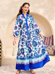 SHEIN Teen Girls Elegant Holiday Print Long Dress, V-Neck, Lantern Sleeves, Loose A-Line, Blue, Spring/Summer