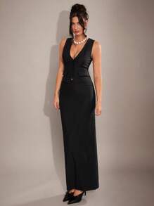 SHEIN BAE Traje de blazer de mujer de color negro sólido, de escote en V sexy, sin mangas y sencillo