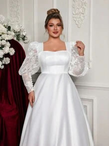 Glamrae 大码浪漫复古白色羊腿袖露背透明 A 字拖尾婚纱