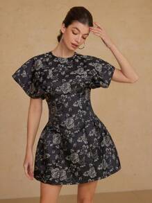 Aveloria Rosie Vestido corto de mujer con mangas de capucha, ajuste en la cintura, de tela jacquard con textura y contraste de colores, con estilo elegante y retro - Negro - Ver 4