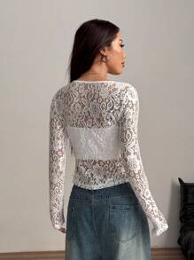 Flirla New Sexy Lace Front Button Up See-Through Crop Top - White - View 2