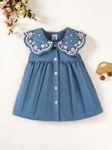 SHEIN Playful Pals 女婴幼儿优雅时尚刺绣彼得潘领无袖 A 字裙，适合春夏季外出、拍照、聚会、旅行或日常穿着 - 藍色 - 查看 9