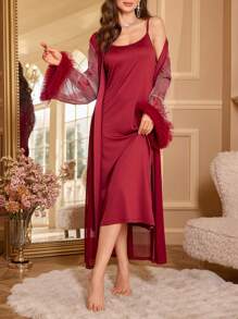 2pcs Floral Lace Trim Butterfly Embroidery Mesh Robe And Solid Color Slim Fit Camisole Nightgown Set - Burgundy - View 3