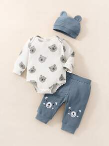 SHEIN New Born Baby Cartoon Bear Pattern Long Sleeve Bodysuit And Pants Set - Navy Blue - View 3