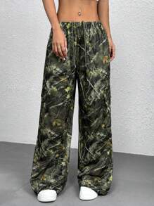 SHEIN EZwear 女士迷彩印花抽绳休闲运动裤 - 軍綠色 - 查看 3