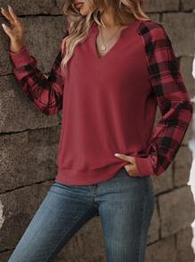 EMERY ROSE Women Casual Plaid Patchwork Raglan Sleeve Crew Neck Sweatshirt