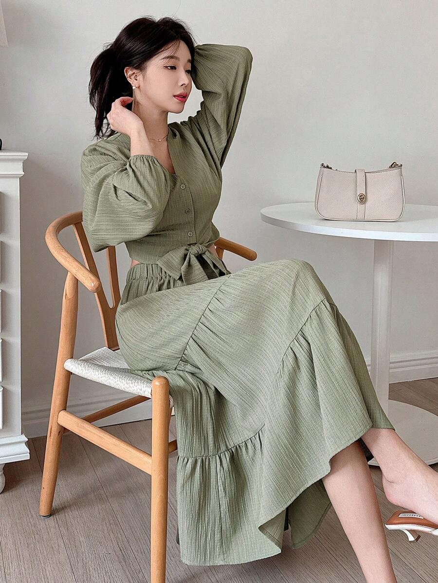 DAZY 两件套V领纯色泡泡袖系带上衣和半裙，春季、返校季、秋季女装、复活节 - 綠色 - 查看 1