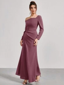 Coutiva 1 stuk dames asymmetrische hals lange mouwen gerimpelde lange feestjurk, mode banket feest oudejaarsavond festival socialite elegante jurk, bruiloft gast jurk, formele jurk, avondjurk