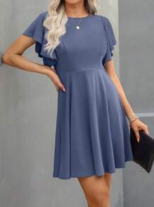 SHEIN Clasi Women's Solid Color Round Neck Casual Ruffle Short Sleeve Mini Dress - Dusty Blue - View 4