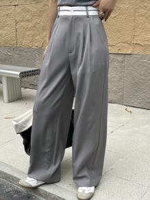 DAZY 女士休闲撞色腰带阔腿西装裤商务装 - 灰色 - 查看 4