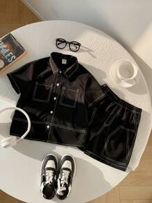 SHEIN 2pcs/Set Young Boys Casual Contrast Stitching Short Sleeve Shirt And Shorts