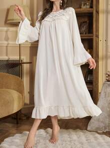 PalaceNights 女士优雅3D蕾丝睡衣，休闲时尚，适合日常穿着，奢华家居服，宽松舒适，秋冬皆宜。 - 白色 - 查看 3