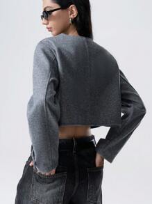 SHEIN EZwear Áo khoác nữ cổ tròn cài nút phía trước hàng ngày, mùa thu - Xám - Xem 2