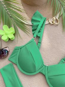 SHEIN VCAY Top con volantes en las mangas y Bottom de traje de baño verde para vacaciones de verano en la playa