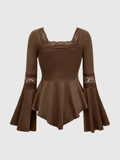 Fairycore Women Lace Patchwork Corset Design Asymmetrical Hem Flare Sleeve Top