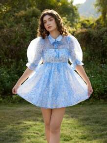 SHEIN MOD Women Floral Print 2 In 1 Tie-Up Organza Dress, Women's Blue And White Print, Organza, Two-Piece Suit, Jacket And Dress, Print Blue Dress (Without White Inside Petticoat), Retro Palace Style Puff Sleeve, Art Series,