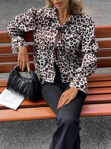 SHEIN Essnce Women Leopard Print Bowknot Front Long Sleeve Shirt With Puff Sleeves, Spring/Summer