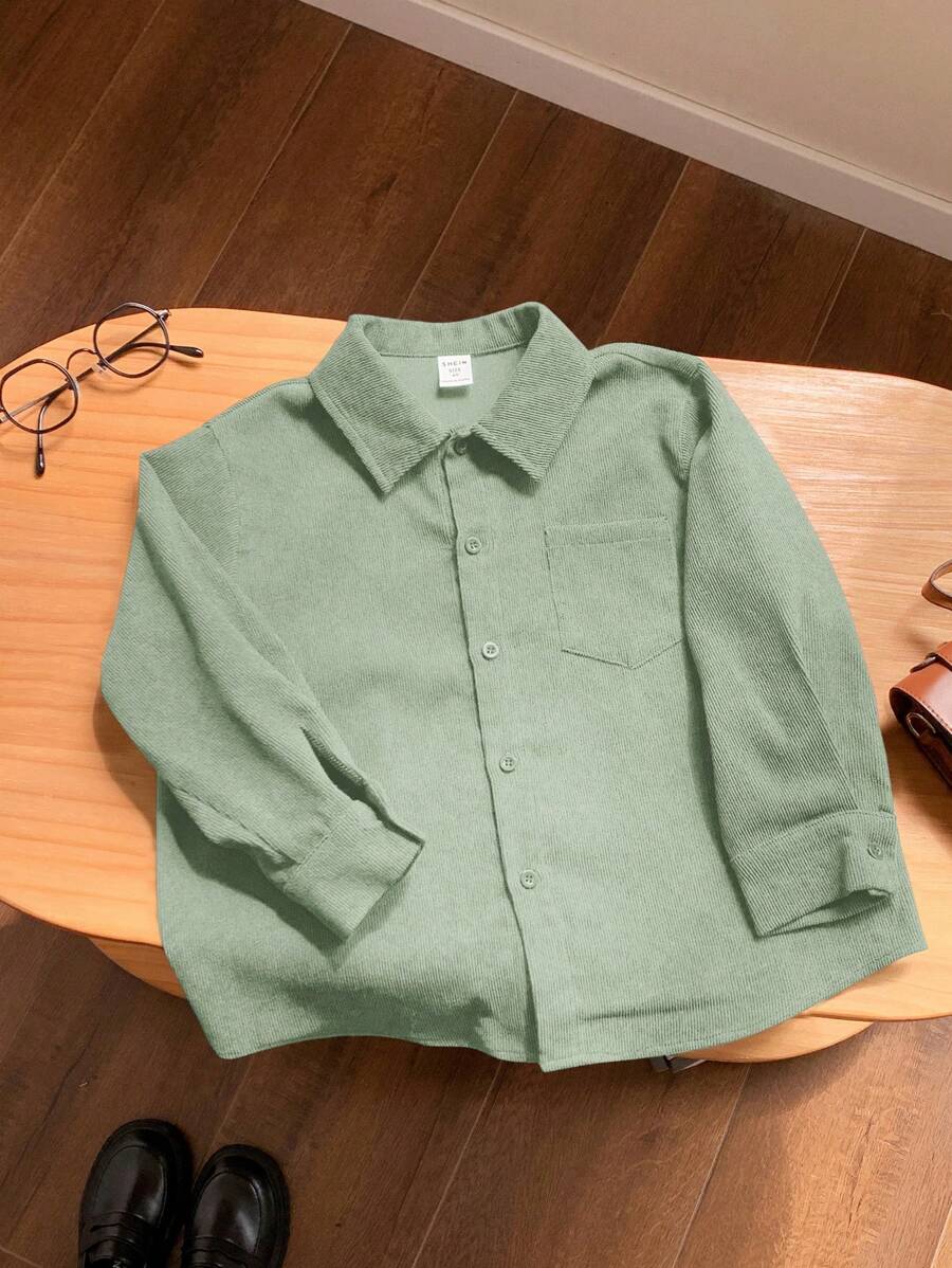 SHEIN Leap Crew 1 件装年轻男孩休闲校园风格舒适、百搭、简约实用的纽扣衬衫，适合幼儿园、返校、青少年男孩、儿童日常服装、学校服装、圣诞节服装、春秋冬季服装 - 薄荷綠 - 查看 1