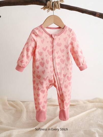 Cozy Pixies 新生女婴可爱心形图案针织柔软圆领长袖连体衣配裤子，情人节服装，情人节礼物