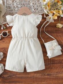 SHEIN Vintaside Kids 2 件套女婴套装：荷叶边饰纽扣前连体衣和蝴蝶装饰包，适合室内、户外和休闲场合 - 杏色 - 查看 7