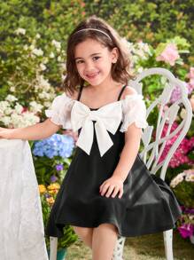 Young Girl Color Block Bowknot Camisole Bodycon Dress - Black and White - View 3