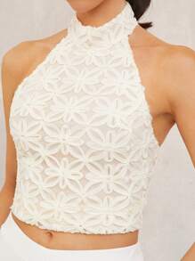 Lumalex White Floral Summer Elegant Date Women's Backless Halter Neck Blouse,Bohemian BOHO Beach Wedding Banquet Graduation Ceremony Premium Quality Top - Apricot - View 6