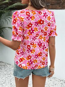 Breezaya 女士花卉印花休闲方领泡泡袖衬衫 - 粉色 - 查看 2