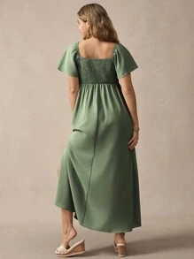 Boho Mama Boho Ruffle Sleeve Square Neck Elastic Waist Maternity Dress, Green - Green - View 2