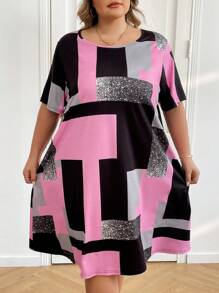 SHEIN CURVE+ Plus Size Women's Asymmetrical Color Block Patterned Splice Print Casual Round Neck Short Sleeve Knee-Length Dress, For Summer