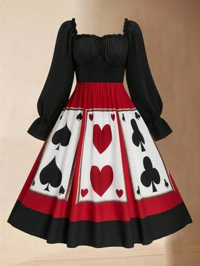 Lyrianda Kleid in Große Größen mit Farbblockdesign und Pokerkartenprint