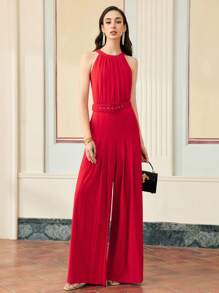 ZEYLAH WOMEN'S FOLD PLEATED HALTERNECK BELTED WIDE LEG JUMPSUIT FOR VALENTINE'S DAY OUTFIT,SPRING/SUMMER