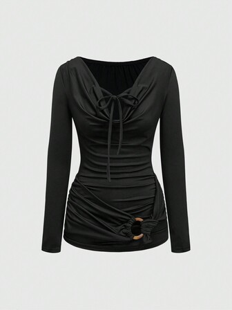 Grunge Punk Vintage Maglietta a maniche lunghe aderente con scollo a ciambella e fiocco sul davanti