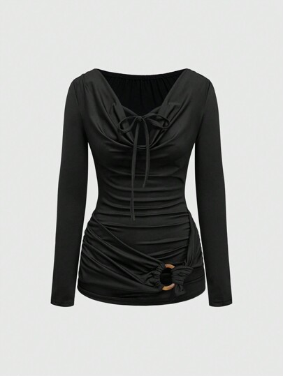 Grunge Punk Camiseta de manga larga ajustada con escote redondo y nudo delantero, estilo vintage