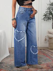 SHEIN LUNE Women's Casual Washed Heart Ripped Hem Wide Leg Jeans - Blue - View 4