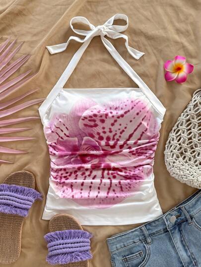 Soleia Vacation Women's Halter Top, Tie Dye Pink Floral Elements, Orchid Print, Ruched Halter Tied Camisole