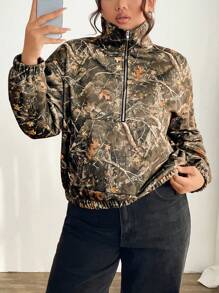 Calvaya Plus Size Women Vintage Leaf Print Half-Zip Drop Shoulder Street Style Plus Size Sweatshirt Pullover Fall Sweatshirt