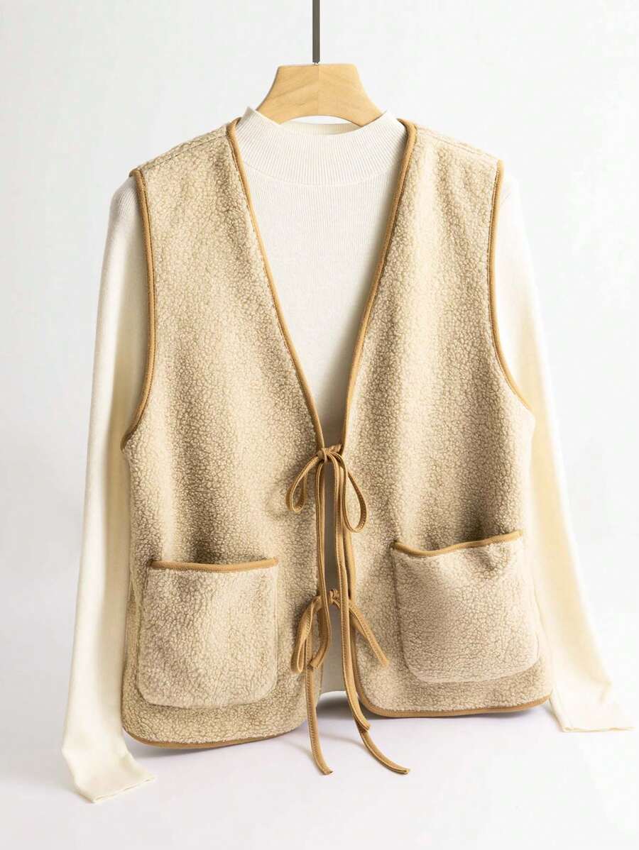 SHEIN BASICS 女士休闲纯色绗缝无袖夹克 - 卡其色 - 查看 1