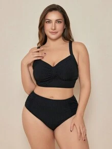 SHEIN Swim Curve Conjunto de bikini de tela acanalada de talla grande con tirantes ajustables, informal para la playa y uso diario, verano