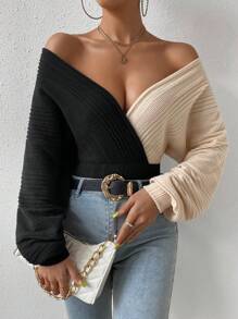 Chiquease Two Tone Surplice Neck Bodysuit Fall Cloth For Women - Black - View 4