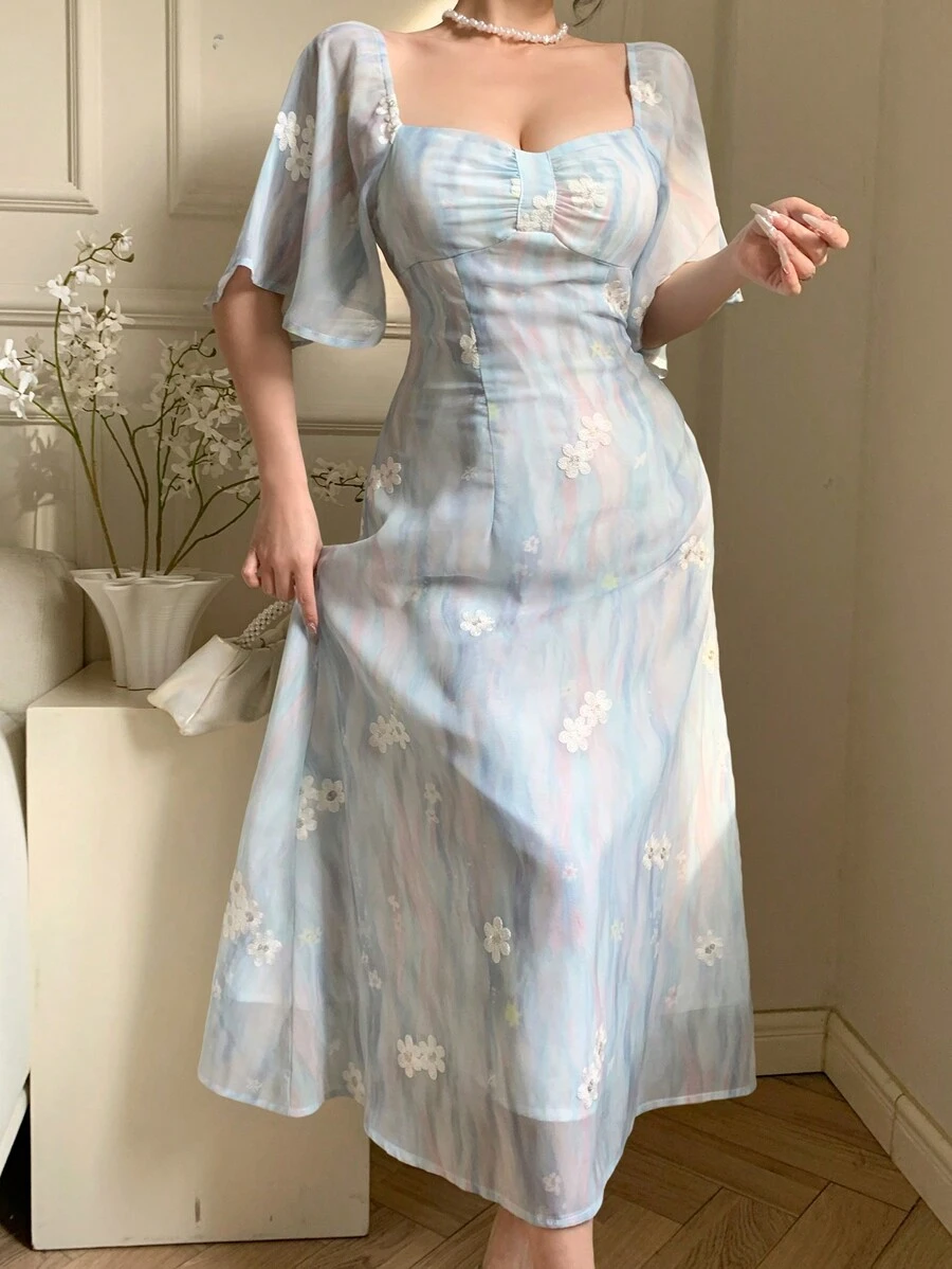 DAZY 春季新款情人节花卉束腰太阳裙缪斯连衣裙女士节日连衣裙、挤奶女工裙 - 藍色 - 查看 1