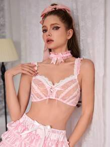 FairyFlirt Elegant Sweet Balconette Bra, Floral Lace, Criss-Cross Strap, Bow Decor, Ruffle Trim, Pink & White, Wireless Women's Lingerie Set