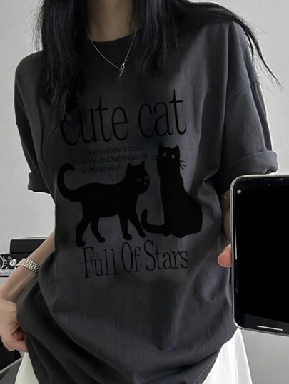 DAZY 女式动物印花宽松短袖圆领长款 T 恤，春夏图案 T 恤