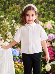 Chemise plissée ajustée décontractée de couleur unie tissée pour jeune fille