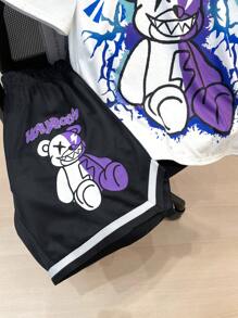 SHEIN Set de 2 piezas para niño adolescente con camiseta de manga corta de estilo suelto y casual con estampado de oso y un short a juego; ropa para primavera; ropa para niños adolescentes; chaquetas para niños adolescentes, de vuelta a la escuela en primavera