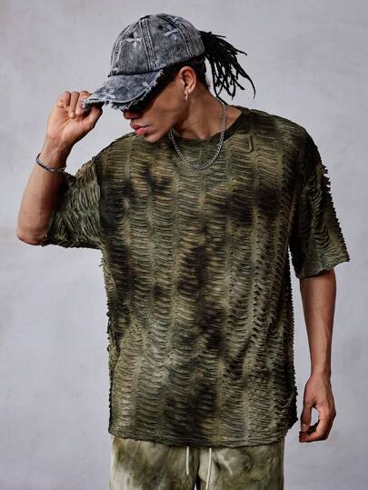 Grunge Punk تي شيرت رجالية كاجوال فضفاضة بياقة مستديرة مخربة وأكمام قصيرة، للاستخدام اليومي