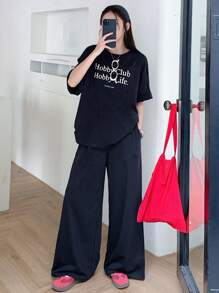 DAZY 2件套女士街头休闲字母图案T恤，春夏女士家居服套装 - 藏蓝色 - 查看 6