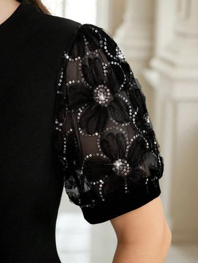 Reflora Tricou de damă cu gât rotund și mozaic din dantelă de mărime mare, îmbrăcăminte de vară pentru femei, topuri cu paiete, paiete, negru, îmbrăcăminte de vară pentru femei, îmbrăcăminte de vară pentru femei, topuri de vară, tricouri pentru femei, tricouri pentru femei, topuri negre, costume pentru femei