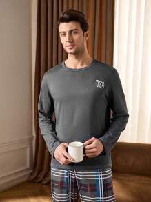 Shein Underwear&Sleepwear Basics Conjunto de 2 piezas de ropa de descanso para hombre, top de manga larga y pantalones