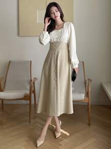DAZY 女士撞色铆钉中长款中长连衣裙，秋季连衣裙长袖连衣裙